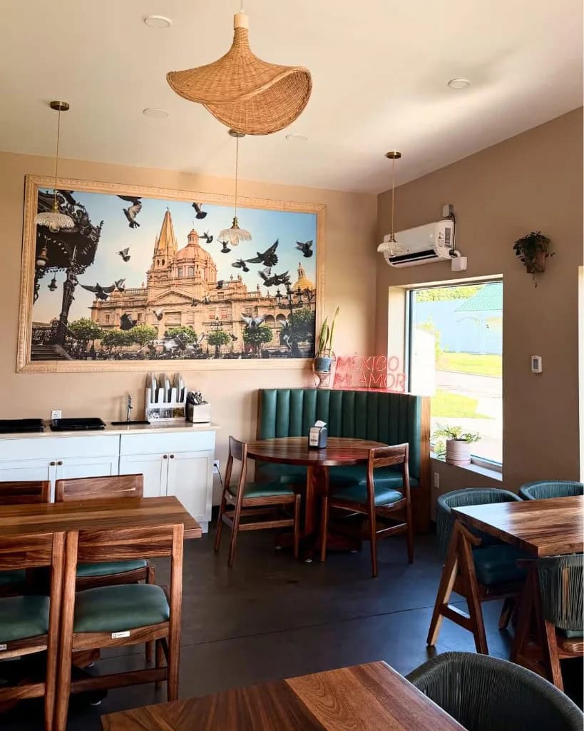 El Cafecito dining room with Guadalajara cathedral mural